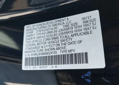 2022 Honda Odyssey Elite from USA, damaged, VIN 5FNRL6H98NB024155